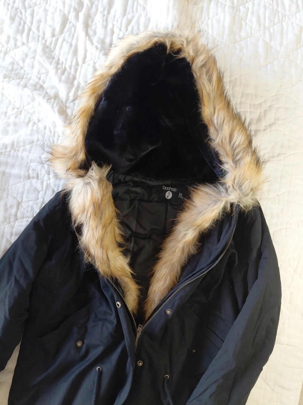 Boohoo Black Parka Jacket with Faux Fur Trimmed Hood